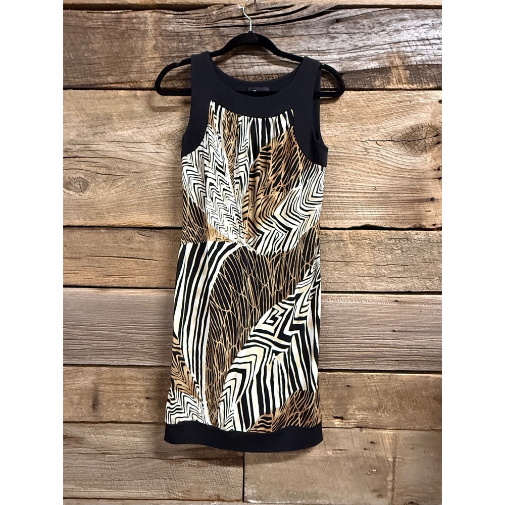 AB Studio Womens Small Black Tan Abstract Geometric Sheath Dress Sleeveless